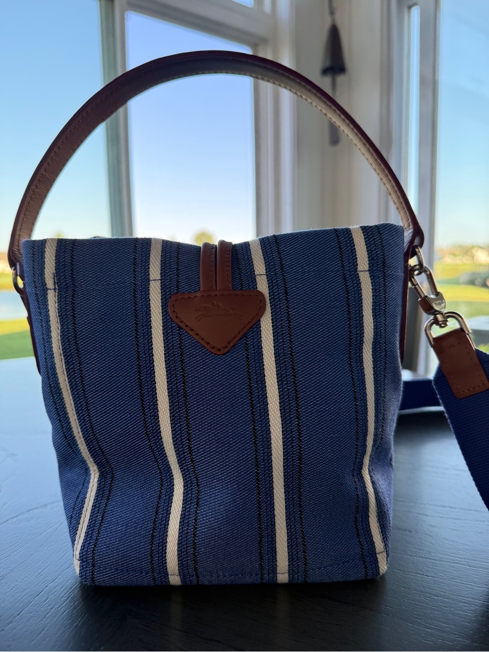 Longchamp Le Roseau Blue and White Striped Bucket Bag - Picture 2 of 10